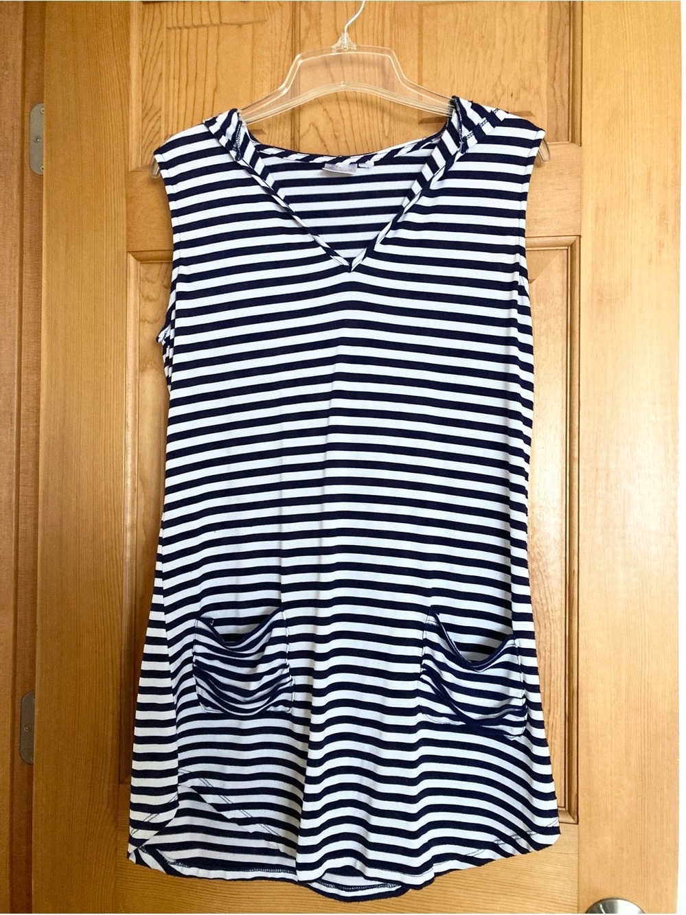 Beach Break Sleeveless Dress/Cover Up with Hood Blue & White Stripes, Small